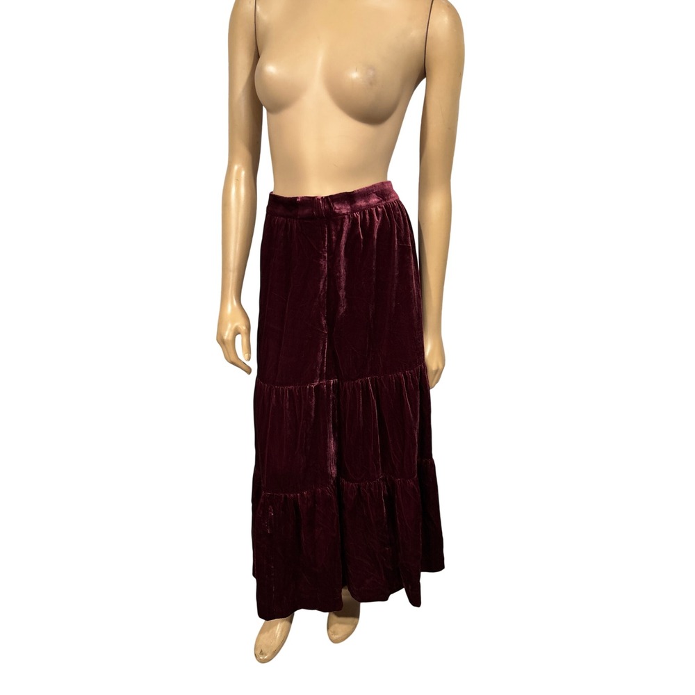 Boden Velvet Tiered Maxi Skirt Burgundy Women's Dark Academia Size 12‎